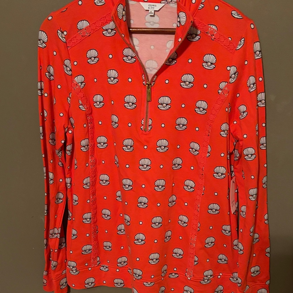 NWT Crown & Ivy orange shell print  Quarter-Zip Top medium A1